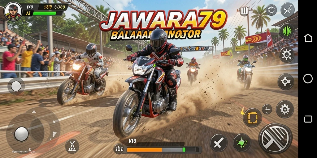 Screenshot gameplay JAWARA79 menampilkan balapan motor yang seru dan grafis memukau.