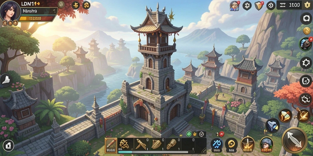 Tampilan dinamis gameplay LDN11 Tower Defense dengan menara dan musuh beragam.