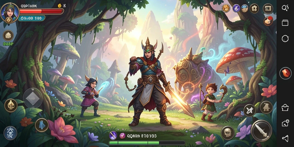 Screenshot menampilkan karakter melawan monster di lingkungan yang indah.