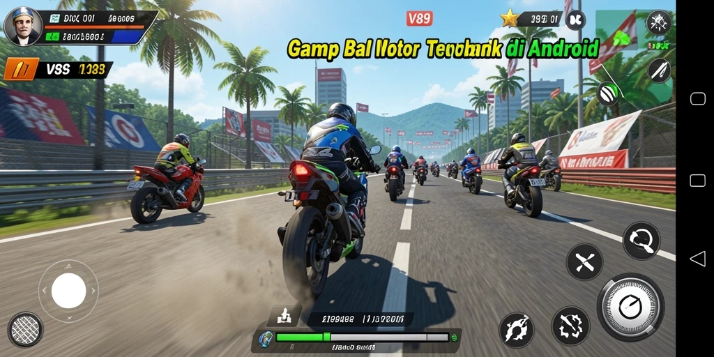 Tampilan gameplay V89 dengan pertarungan balap motor yang mendebarkan.